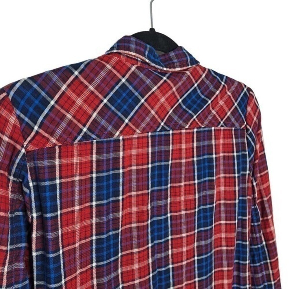 Jeep Spirit Plaid Flannel Button Down Shirt Womens S Red Blue Roll Tab Sleeve - Picture 7 of 13